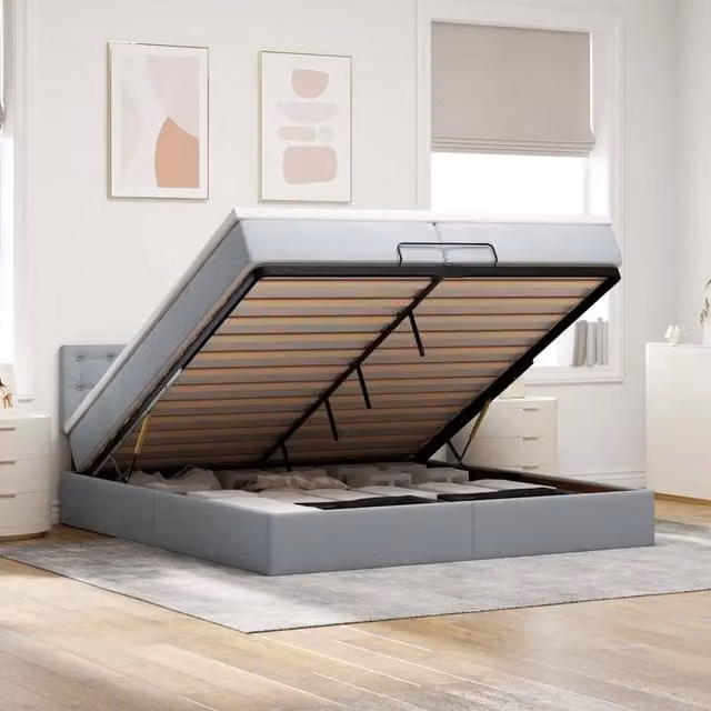 Letto matrimoniale con contenitore a sollevamento vidaXL in tessuto grigio e bianco con porta USB e illuminazione sottostante L 200 cm x P 200 cm x H 280 cm