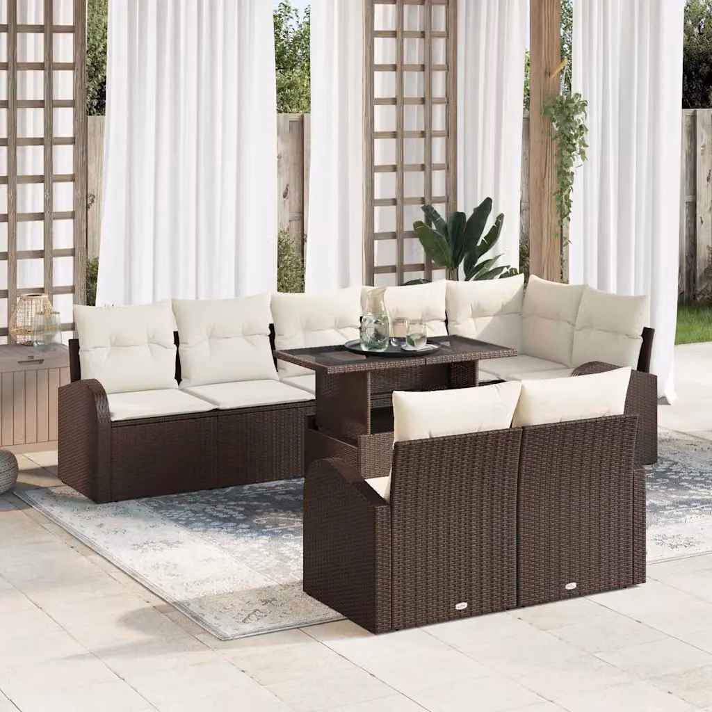 vidaXL Set Divano da Giardino 9 Pezzi Moderno in Polyrattan Marrone e Beige con Cuscini e Tavolino – 1
