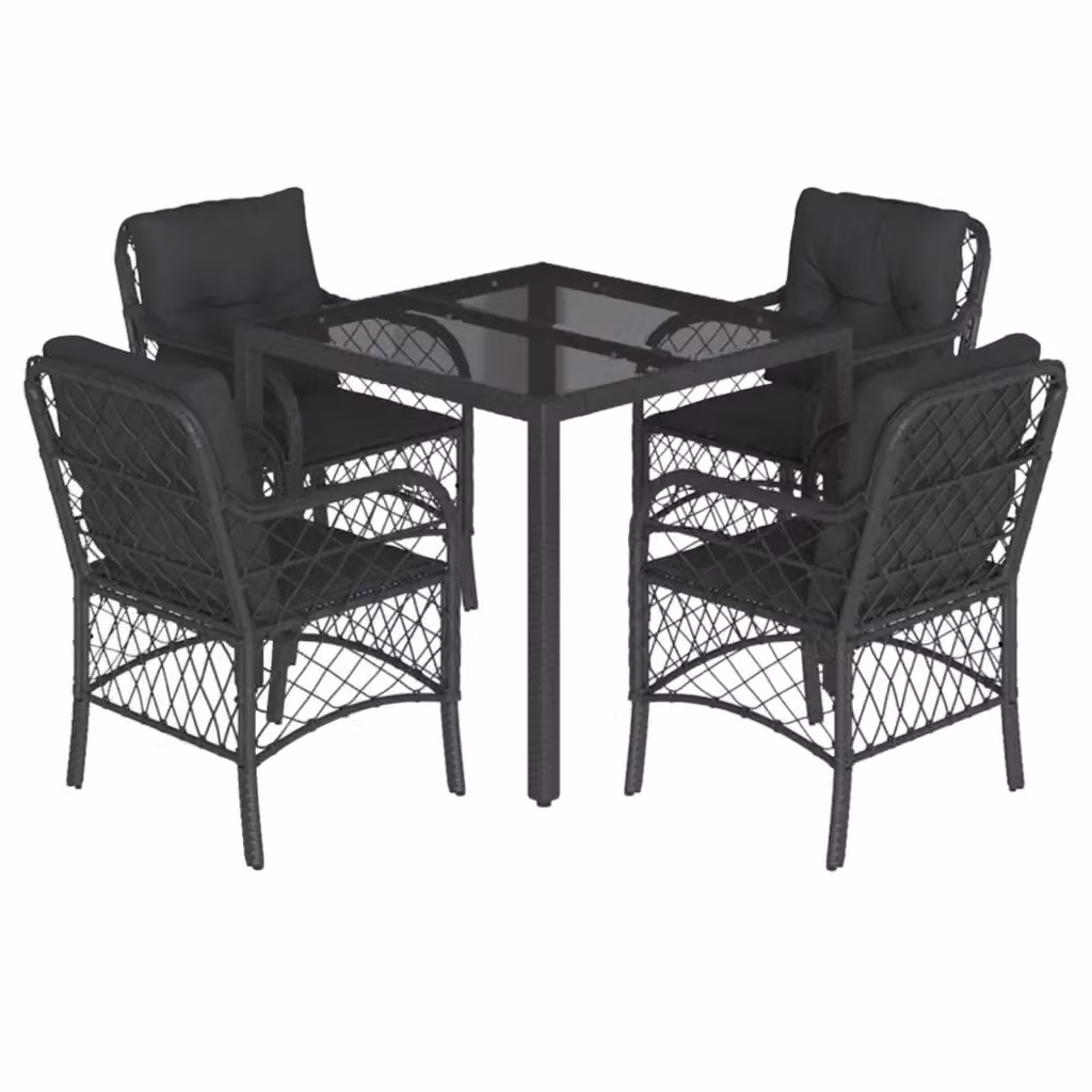 Set da Pranzo da Giardino vidaXL 5 pz in Polyrattan Nero con Cuscini e Tavolo in Vetro – 2
