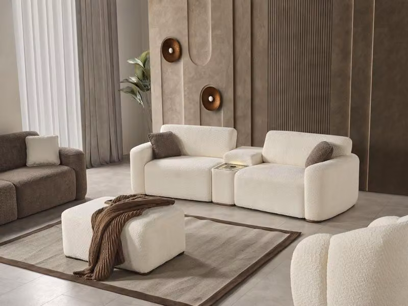 Sofa-Set Sofa 4 Sitzer Puff Weiß Polstersofa Sofagarnitur Wohnzimmer