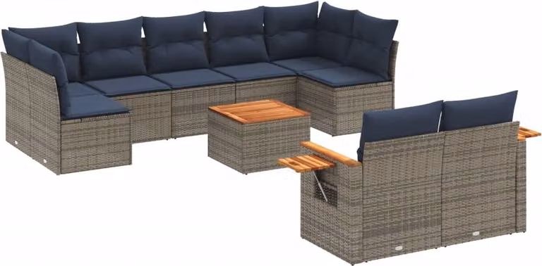 Set Divani da Giardino 10 pz con Cuscini Grigio in Polyrattan