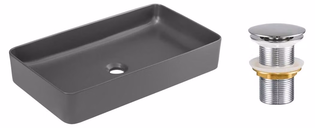 Lavabo da appoggio rettangolare 61x34 cm in Vetroceramica grigio opaco con scarico a leva
