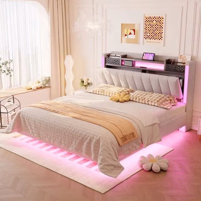 Letto imbottito 140x200 con testiera contenitore; illuminazione LED e USB; beige