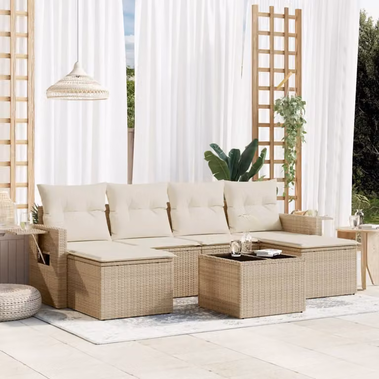 vidaXL Set Divani da Giardino 7 pz a L in Polyrattan con Cuscini Beige e Tavolino