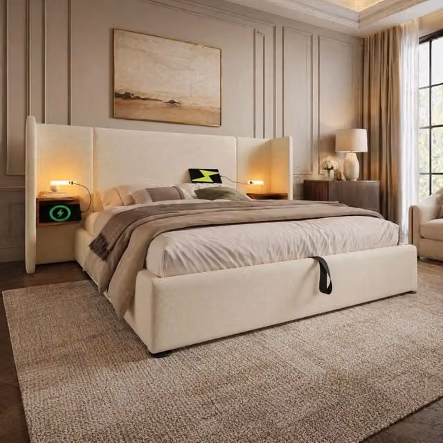 Letto Contenitore REDOM Beige in tessuto con testiera multifunzione, luci integrate, porta USB e mensola, L/P: 180 x 200 cm