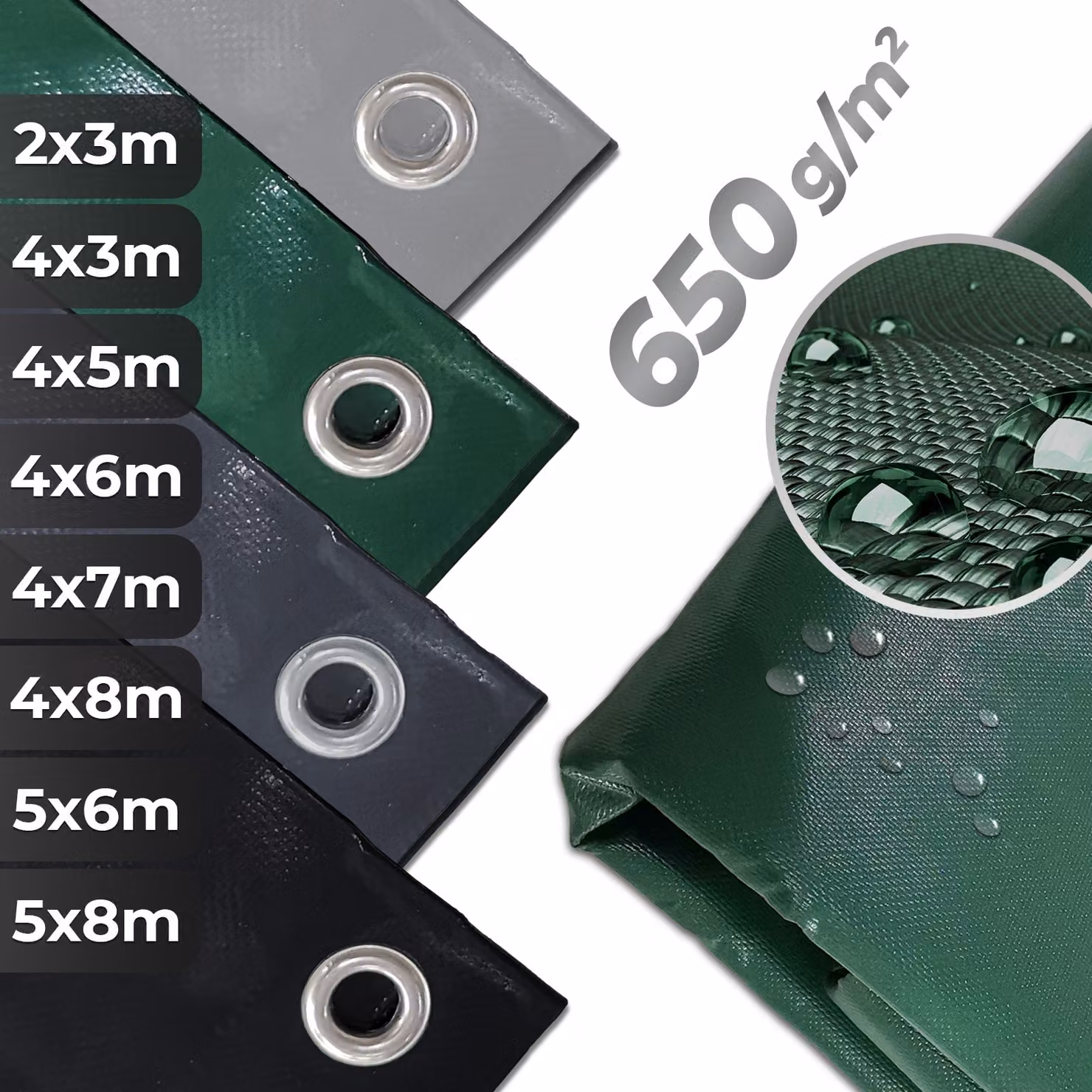 Telone con occhielli PVC 650g/m2 resistente alle intemperie Protezione UV Telone in tessuto Telone da giardino Telone protettivo Telone multiuso Camion, mobili da giardino Colore: verde scuro Dimensioni: 4 x 8 m (1000D PVC)