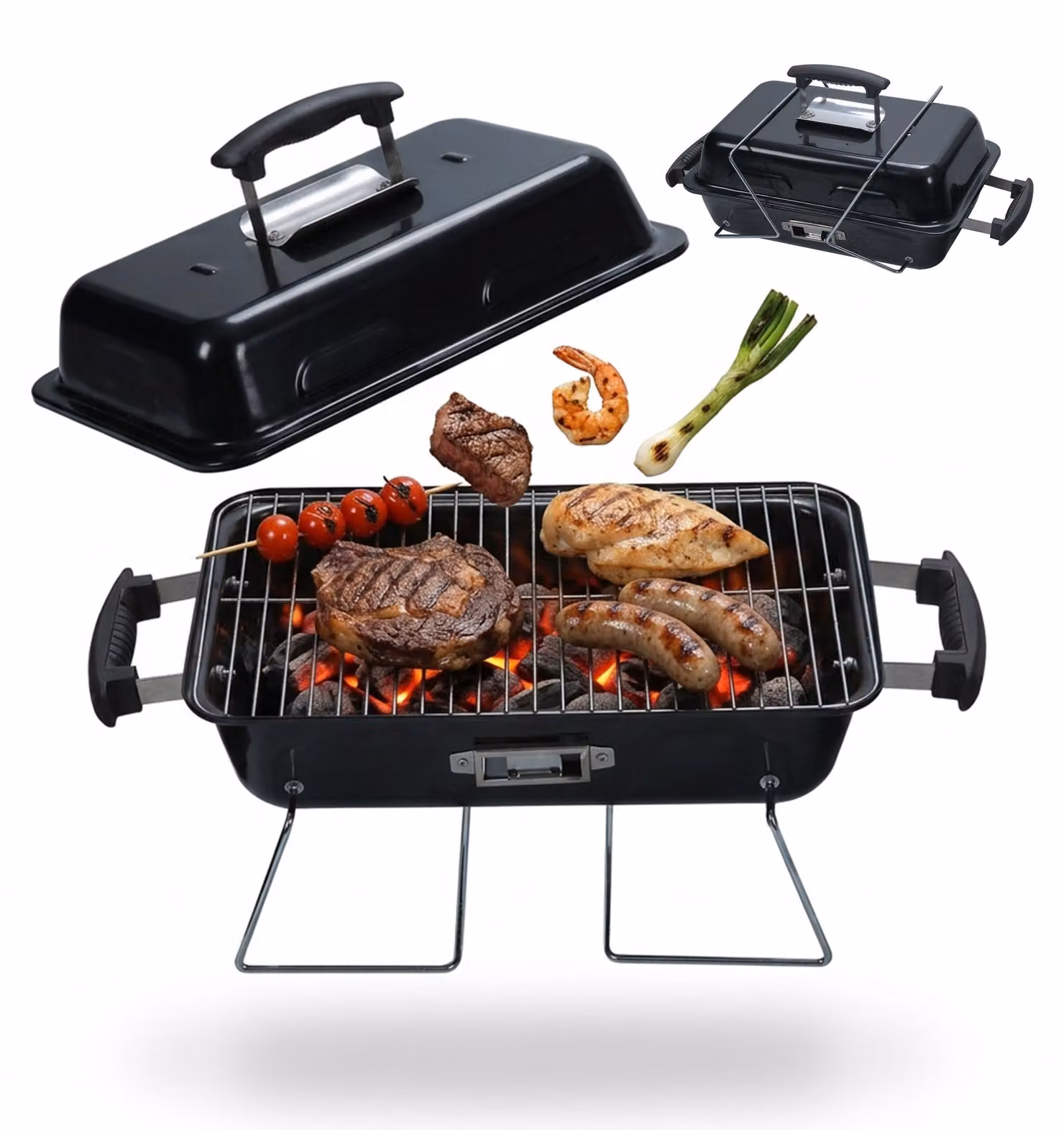 Griglia da tavolo Relaxdays, griglia pieghevole portatile, Dimensioni: 36 x 56 x 30,5 cm, sistema di ventilazione, coperchio, griglia da campeggio, acciaio, nera