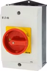 Interruttore generale Eaton, T3, 32 A, montaggio a plafone, 3 moduli, 3 poli + N, 1 contatto di chiusura, 1 contatto di apertura, funzione di arresto di emergenza, con manopola rossa e anello di bloccaggio giallo, a partire dal codice 207202