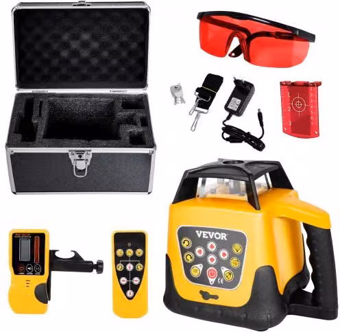 VEVOR Kit Livella Laser Rotante Giallo con Raggio Rosso, Portata 300 m, Inclinazione Regolabile, Rotazione 360 Gradi, Impermeabile IP54, con Ricevitore, Telecomando e Scatola da Trasporto