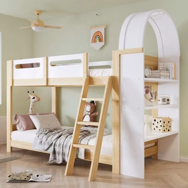 Letto a Castello Singolo in Legno con Rete a Doghe ¨C MINIMAL ¨C Pino/MDF/Multistrato, Bianco, 90x200