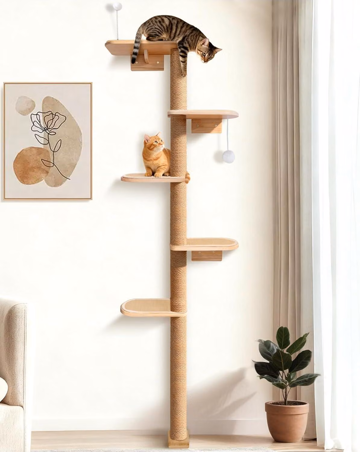 Kratzbaum da parete, 210 cm di altezza, 5 livelli, in sisal e legno naturale, elemento per l'arrampicata per gatti