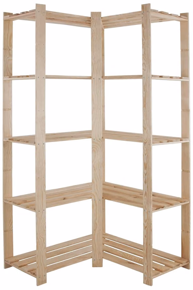 Scaffale angolare in legno con 5 ripiani, ideale per l'organizzazione e lo stoccaggio
