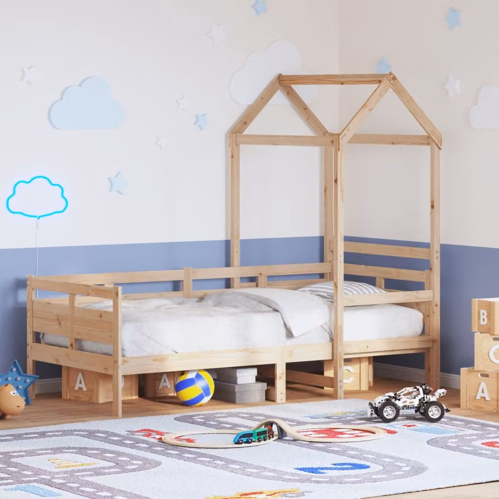 vidaXL Dormeuse per bambini con tetto in legno massello di pino, colore marrone, L/P/H: 200 x 80 x 176,5 cm