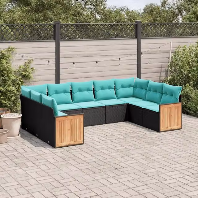 Set Divani da Giardino 9 pz con Cuscini Nero in Polyrattan 3227954