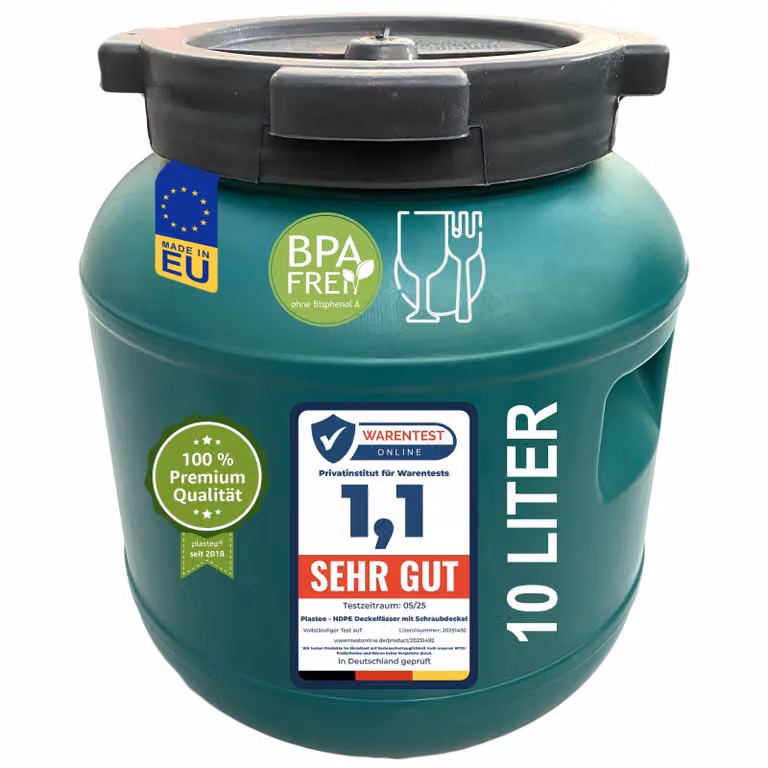 fusto a collo largo plasteo 10 L con coperchio per alimenti - robusto fusto universale in HDPE con tappo a vite, per alimenti, stoccaggio e trasporto, verde