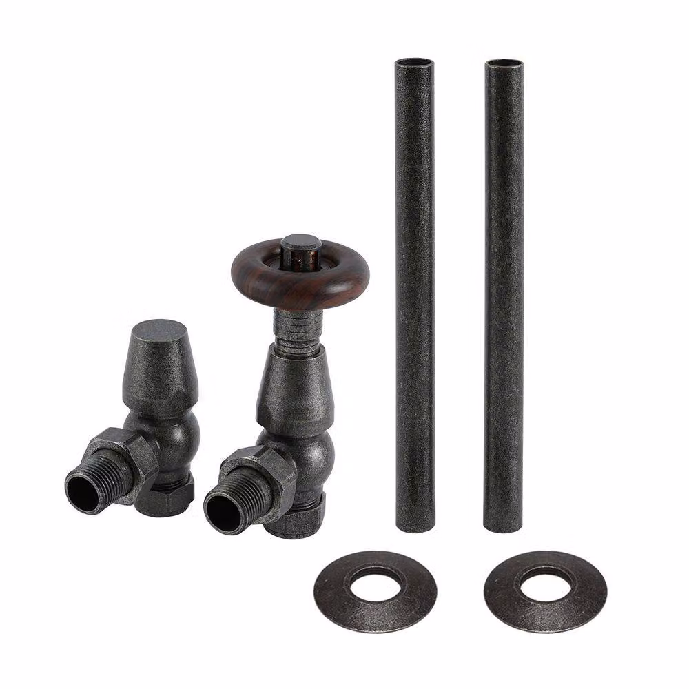 Kit completo di valvole termostatiche angolari tradizionali Regent con finitura peltro in ottone e plastica, colore argento/grigio