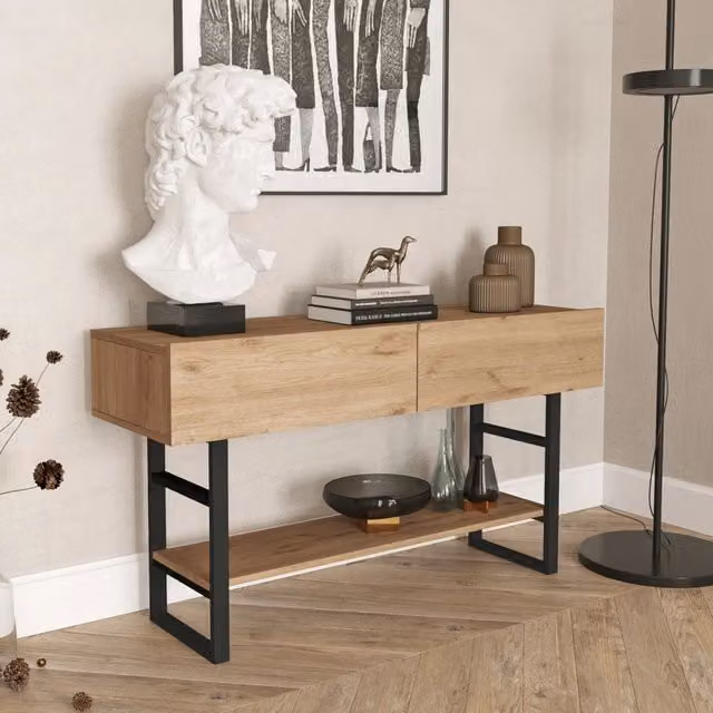 Tavolo Consolle Lappeenranta en.casa Mobile Contenitore con Ante a Ribalta Effetto Rovere e Nero L: 139 cm, P: 43 cm, H: 76 cm