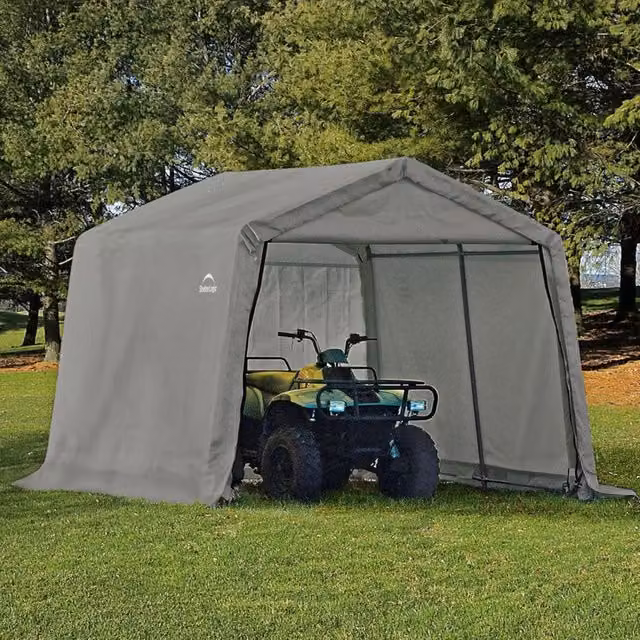 Capanno Shelterlogic 2424 con tetto a capanna, grigio e bianco, in acciaio e poliestere, con porta singola, L: 7,36 m x P: 4,67 m x H: 2,44 m