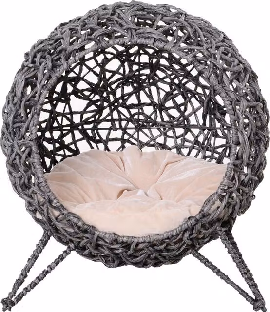 PawHut Cestino per gatto a forma di grotta in resina effetto rattan grigio con cuscino morbido, Ø 52 x H 58 cm – 1
