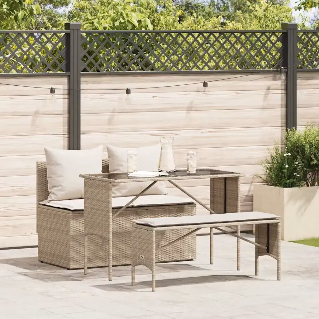 Set da Pranzo da Giardino 3 pz in Polyrattan con Piano in Vetro e Cuscini Beige e Bianchi – 2