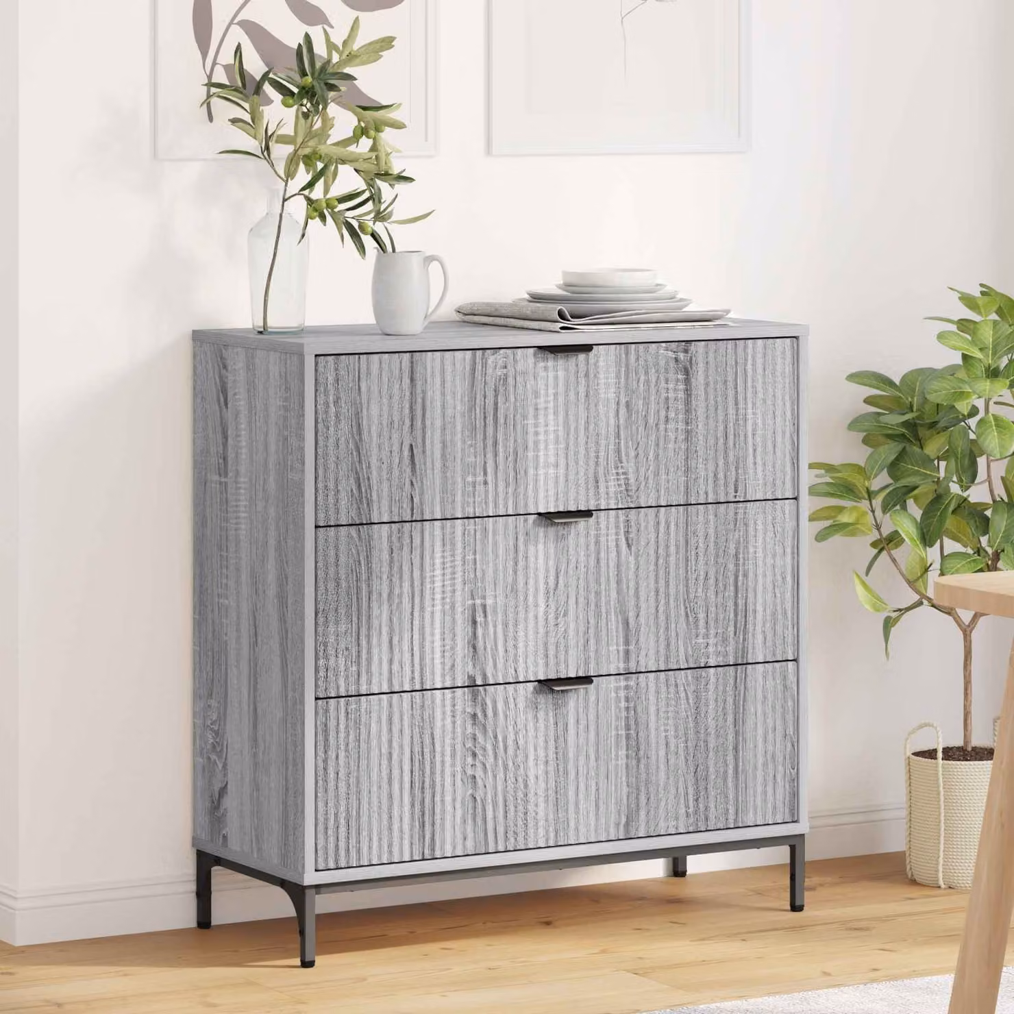 Credenza moderna vidaXL in legno ingegnerizzato e metallo, colore Grigio, L: 79,5 cm, P: 33 cm, H: 82 cm