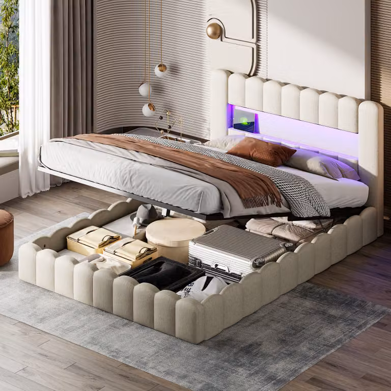 Letto imbottito Fortuna Lai 180x200cm con USB, letto per ragazzi letto matrimoniale con rete a doghe e contenitore, letto contenitore con LED, lino, beige