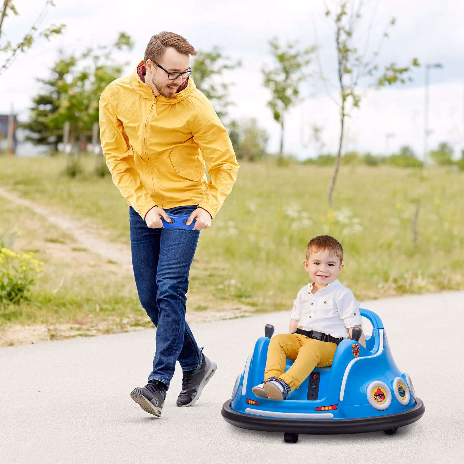 AIYAPLAY Autoscooter elettrico per bambini con telecomando, rotazione a 360°, musica e luci, tema Angry Bird, Blu – 2