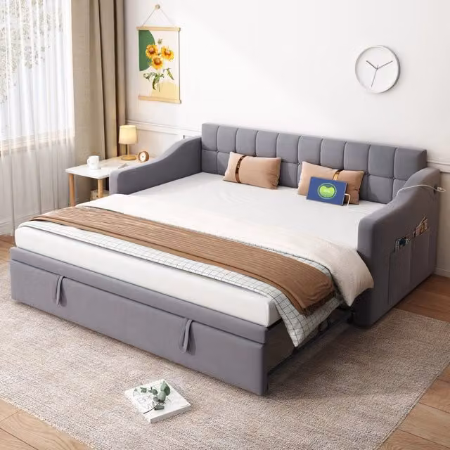 Letto estraibile REDOM in velluto grigio con porte USB e cassetti, L/P/H: 90 x 190 cm
