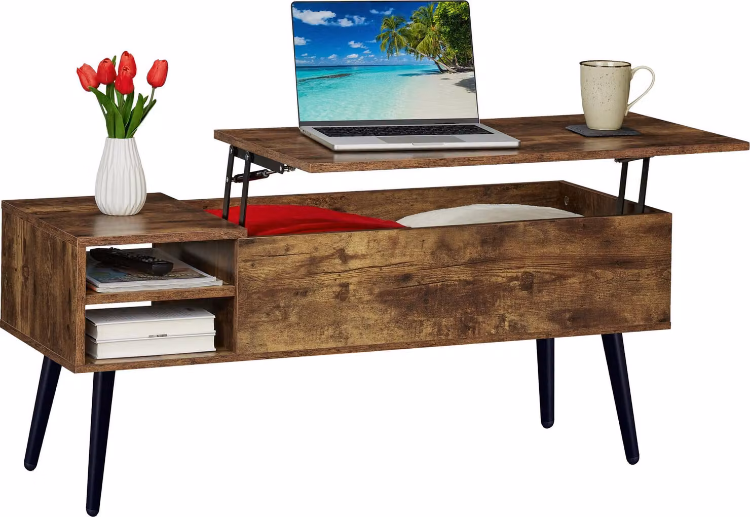 Tavolino Relaxdays con vano portaoggetti, A x L x P: 46 x 100 x 40 cm, ribaltabile, 2 scomparti laterali, tavolino da salotto in stile industriale, marrone/nero