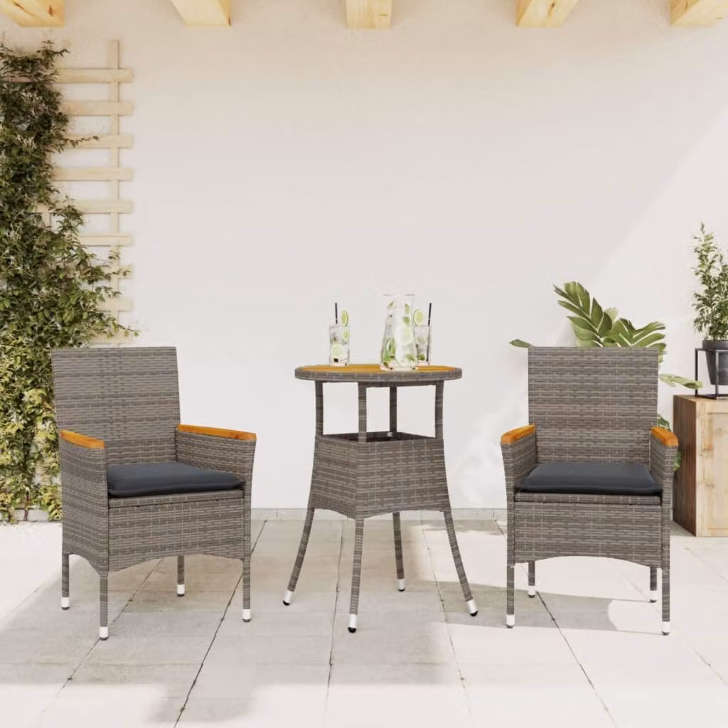 Set Pranzo da Giardino vidaXL in Acacia e Polyrattan Grigio con 3 Pezzi e Cuscini – 1