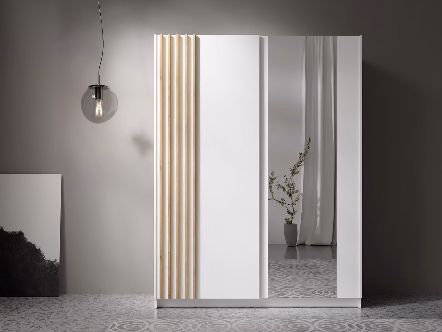 AX LIVING Armadio bianco con specchio da 150 cm – Beralto con ante a lamelle