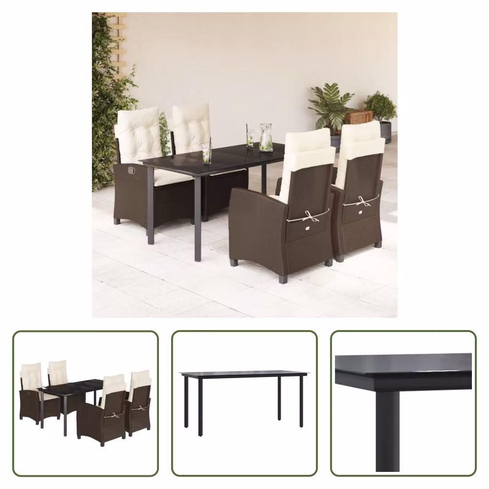 The Living Store Set da pranzo da giardino 5 pezzi con cuscini in polirattan marrone