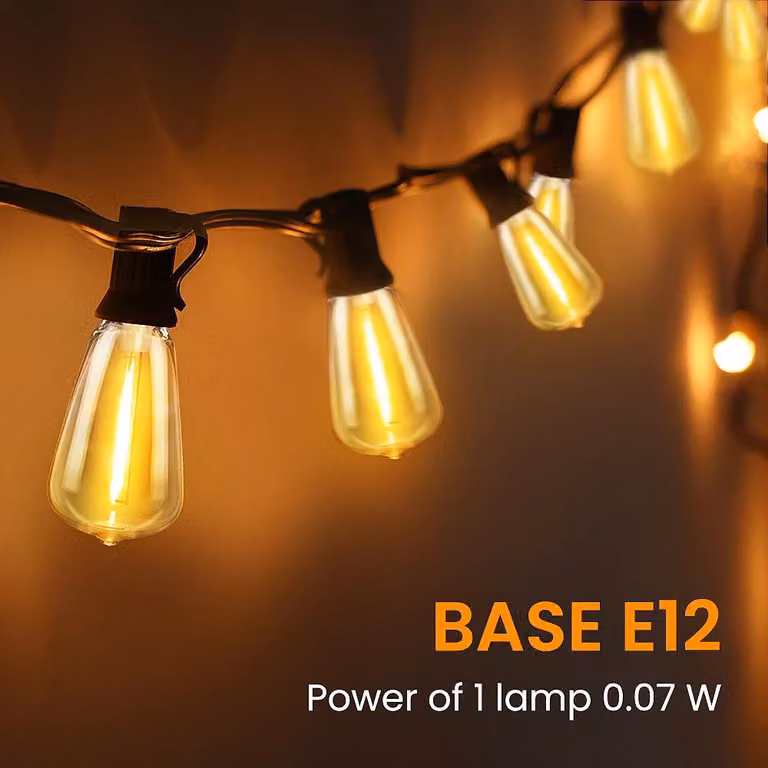Catena luminosa solare per esterni - 15 metri - 25 lampadine LED - Accensione e spegnimento automatici - Grado di protezione IP44 - Con ganci - Lampadine resistenti alla rottura