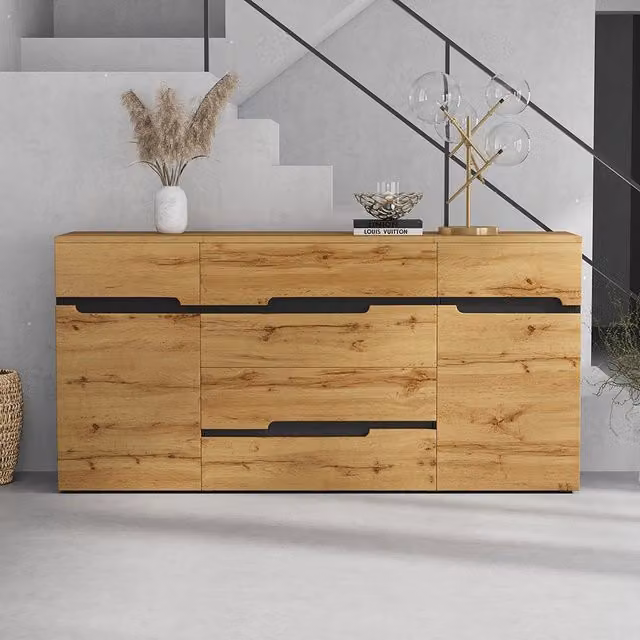 Credenza Soggiorno 160x40x80cm - Xylo - 2 Ante e 4 Cassetti, Colore Legno e Nero