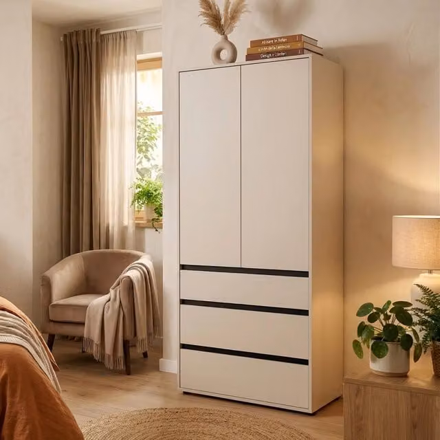 Armadio da camera da letto moderno DMORA con ante a battente, cassetti interni e appendiabiti, L: 93 cm, H: 211 cm, Bianco opaco