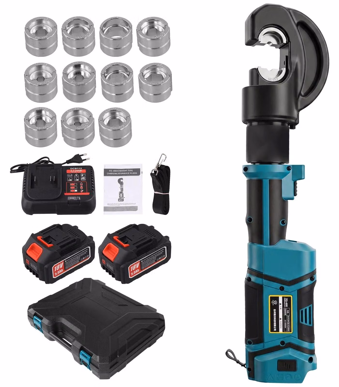 Pinza idraulica elettrica - PZ400. Pinza per crimpare terminali a batteria - 18V, batteria al litio. Adatta per cavi/tubi in rame da 16 a 400 mm². Funzionamento senza fili. Adatta per uso professionale