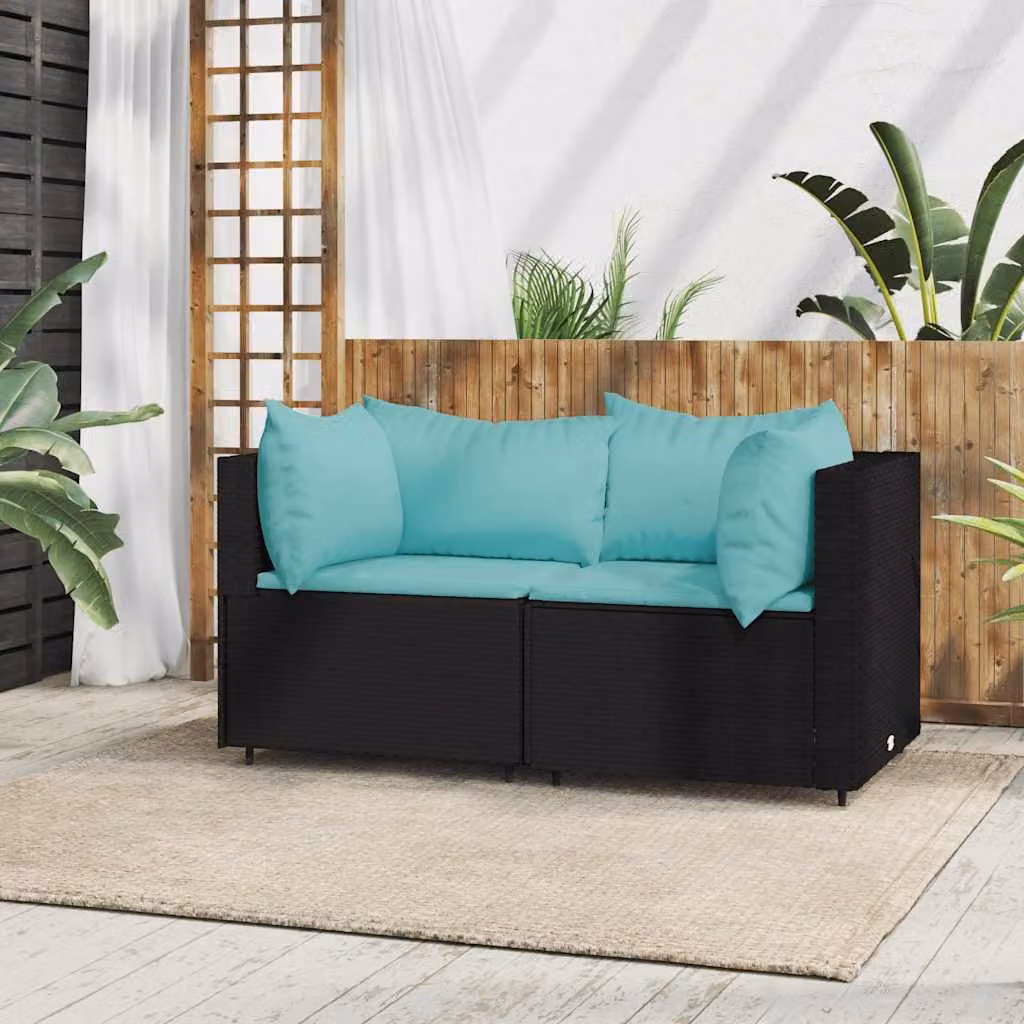 Set di 2 Divani Angolari da Giardino vidaXL in Polyrattan Nero con Cuscini Blu