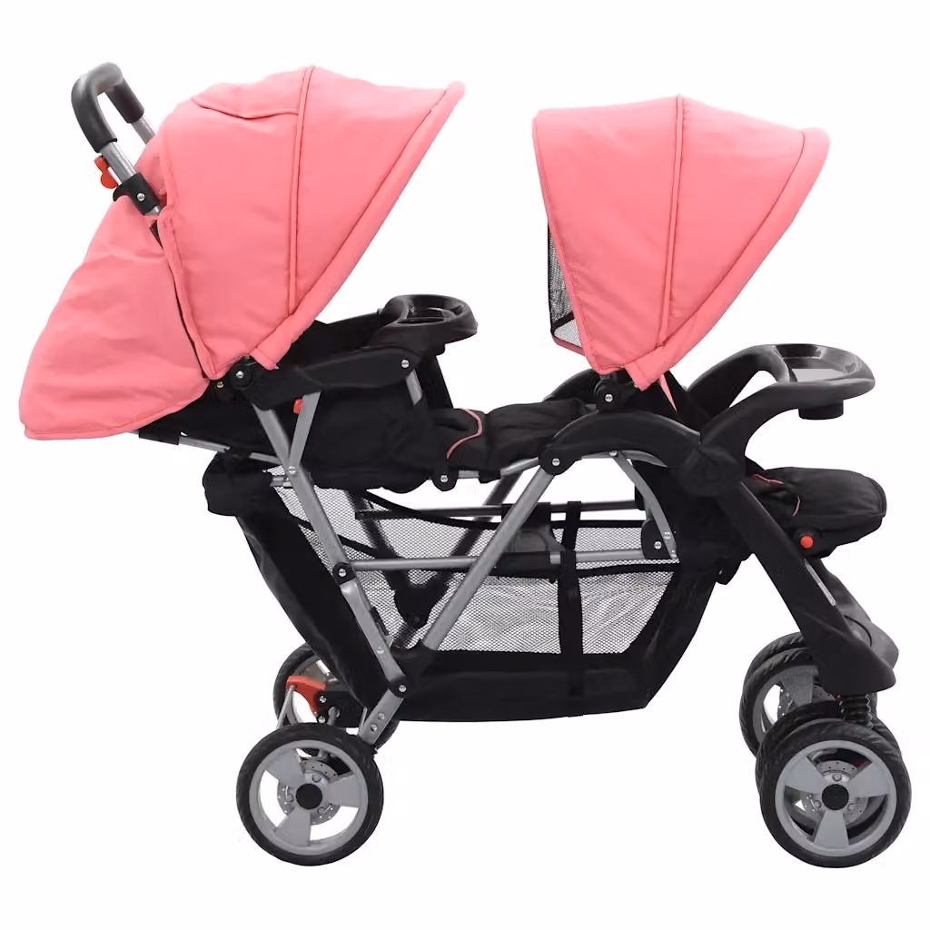 Passeggino Gemellare a Tandem Pieghevole vidaXL in Acciaio e Tessuto, Rosa e Nero, L/P/H: 122,5 x 53,5 x 111,0 cm – 2