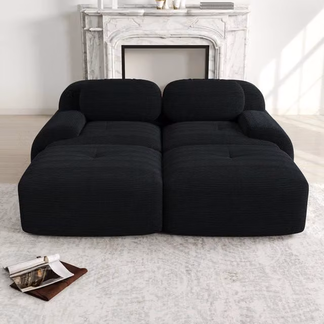 Divano 2 Posti con Chaise Longue in Velluto a Coste ¨C MINIMAL ¨C Nero, Braccioli Ergonomici, Modulare