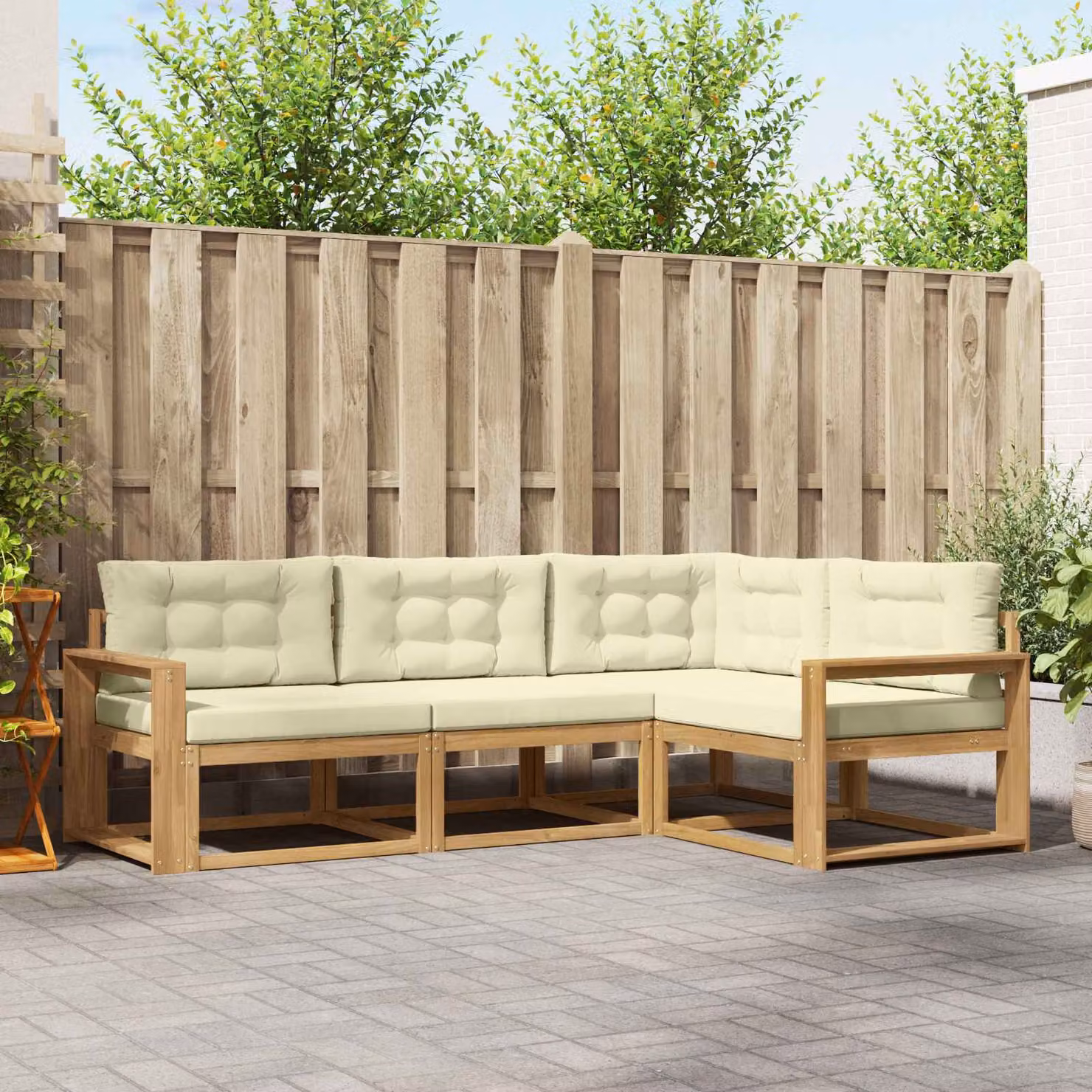 Set di divani da esterno a L vidaXL in legno di acacia con cuscini, Bianco, Beige e Marrone