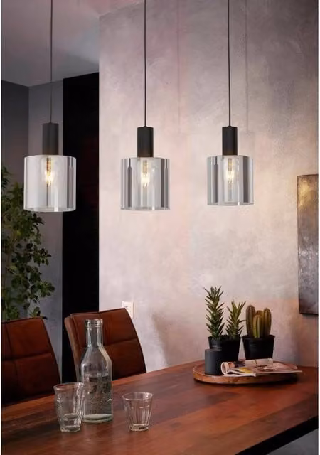 Lampadario moderno sospeso Eglo Gorosiba in metallo e vetro nero e trasparente con 3 attacchi E27