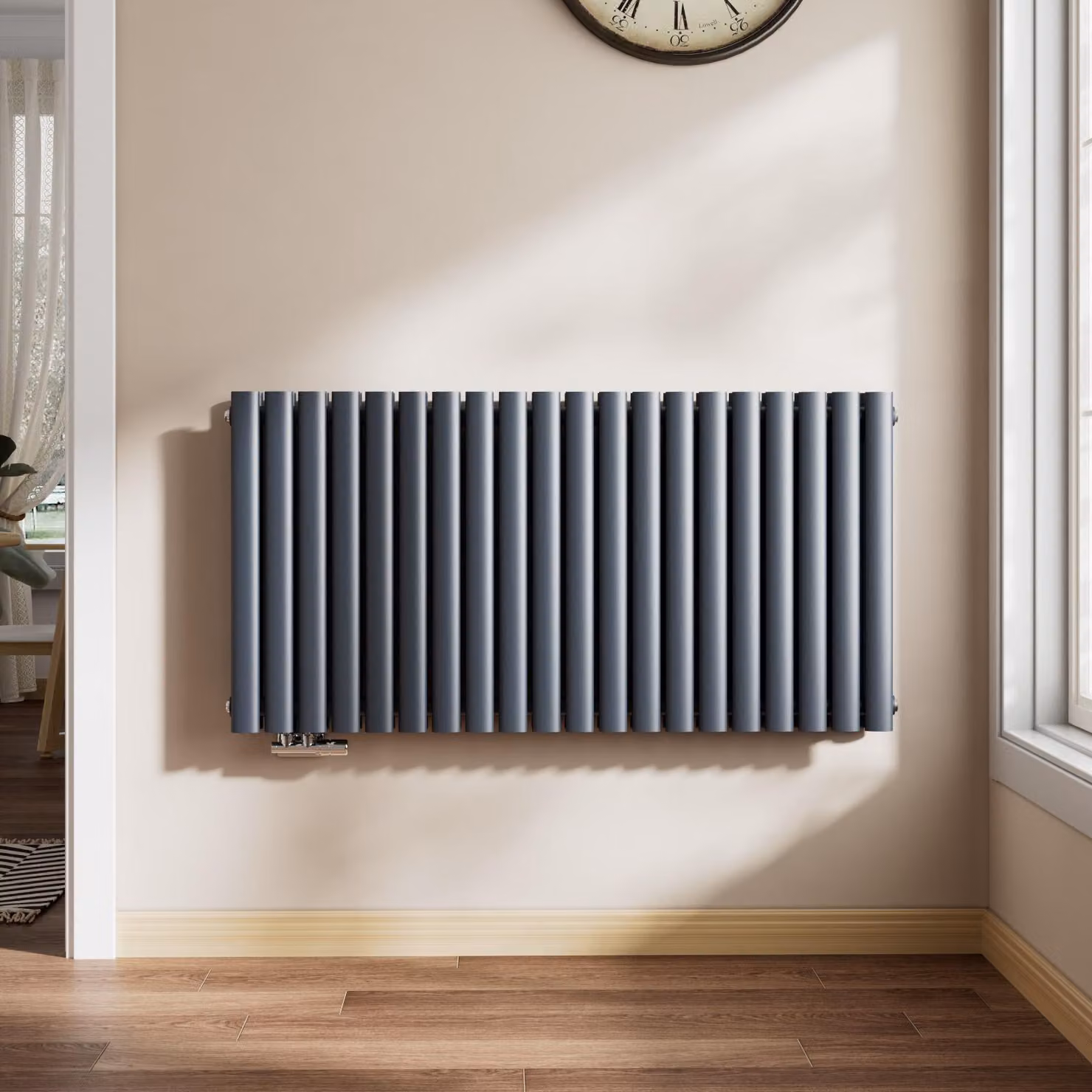 Radiatore di design EMKE 600 x 1180 mm Radiatore Orizzontale ovale Collegamento laterale Riscaldamento a doppio strato, 1828W, antracite senza elemento riscaldante
