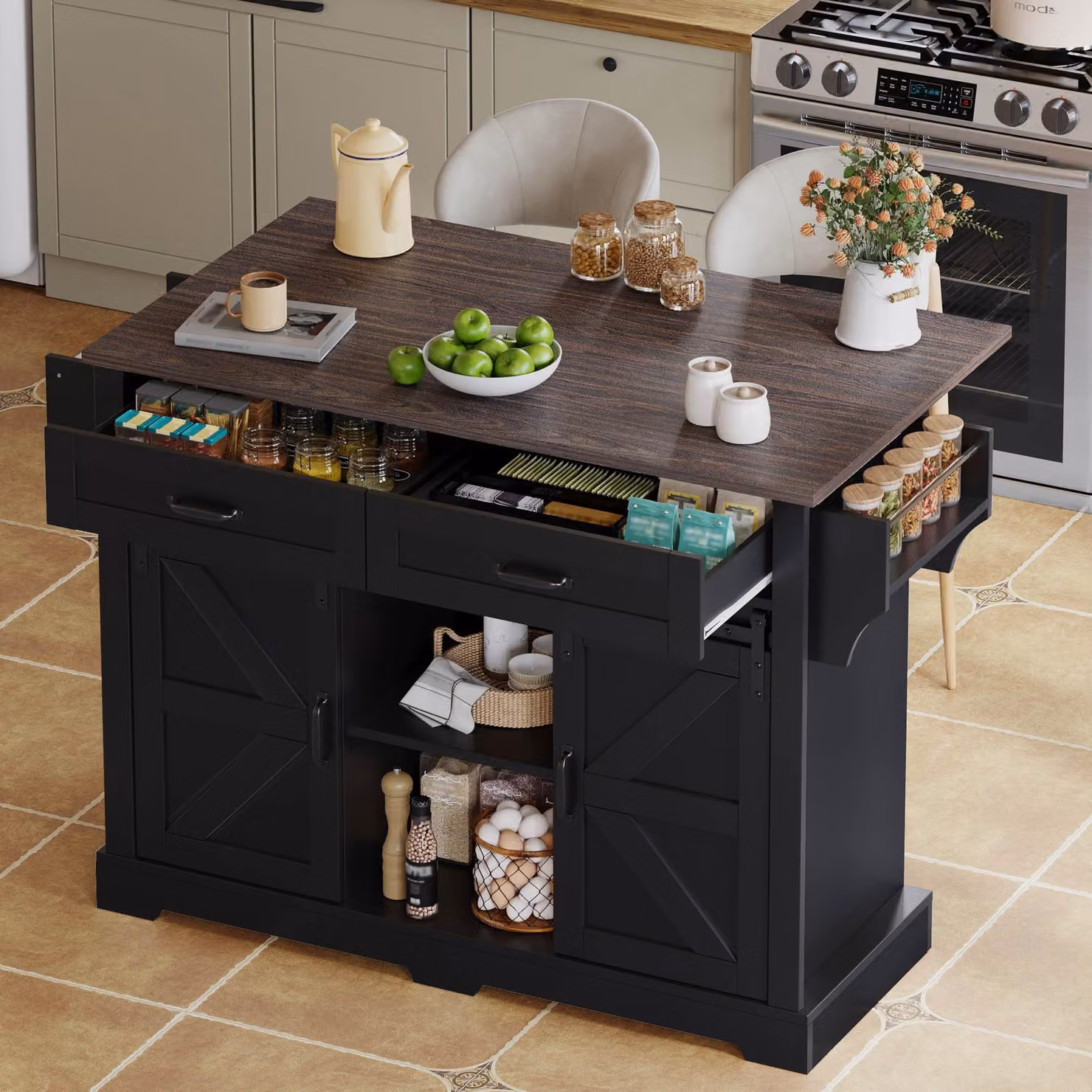 Isola da cucina Fortuna Lai con piano di lavoro pieghevole, carrello da cucina su ruote, armadietto da cucina con 2 ante scorrevoli e 2 cassetti, in stile rustico, colore nero, mobiletto contenitore per la cucina, dimensioni 120×45(70)×91 cm