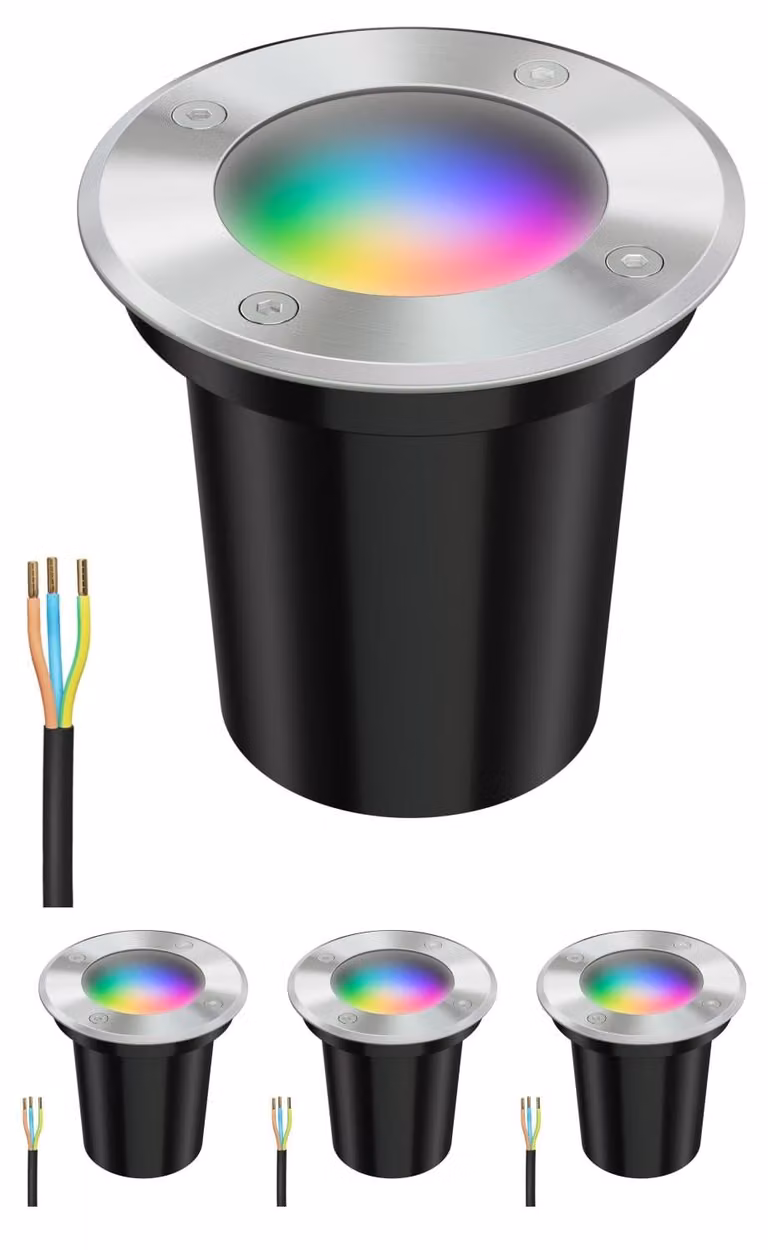 Set di 4 luci da incasso a pavimento, modello BOLI, in acciaio inossidabile, grado di protezione IP67, diametro 108mm, con LED RGB