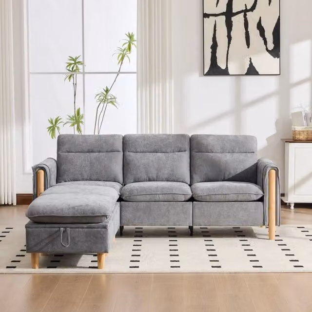 Divano a L con pouf contenitore; ciniglia grigia; 201x77x86 cm