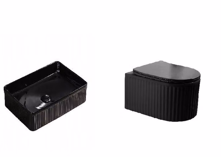 Set composto da WC nero e lavabo in ceramica da appoggio