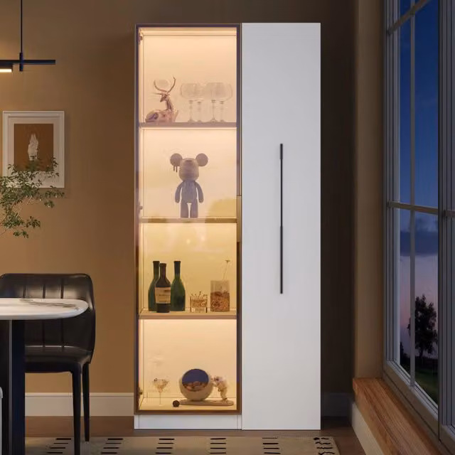 Vetrina WISHDOR con LED integrato, ante in vetro e modulo laterale estraibile in MDF bianco, L: 70 cm, P: 40 cm, H: 160 cm