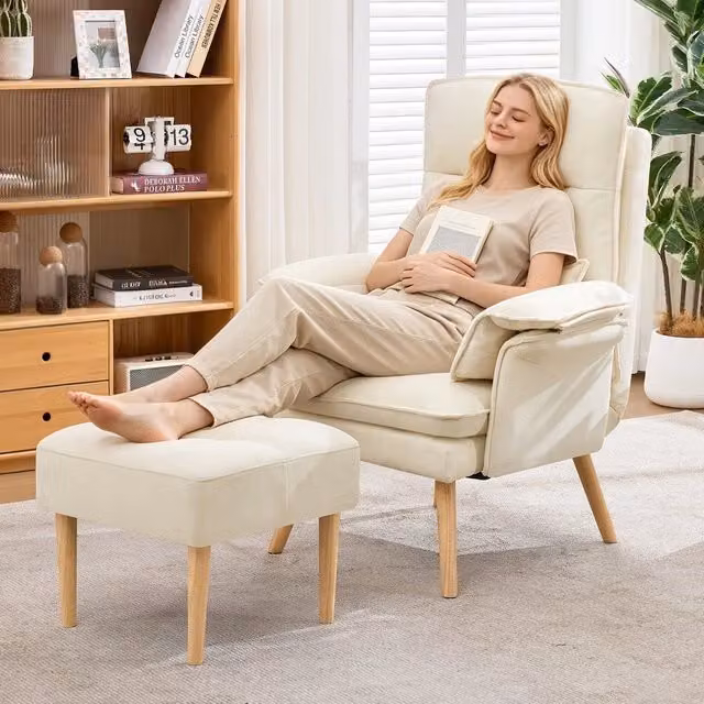 Poltrona Relax con Poggiapiedi ¨C Minimal ¨C Beige, Legno, Imbottita, Schienale Regolabile a 5 Livelli