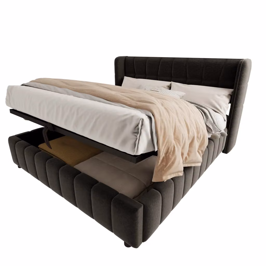 Letto contenitore matrimoniale moderno in tessuto grigio con rete sollevabile L/P: 180 x 200 cm – 2
