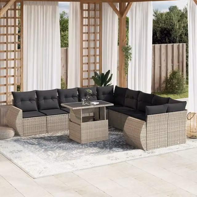 Set Divani da Giardino vidaXL 11 Pezzi in Polyrattan Grigio Antracite con Cuscini e Tavolino